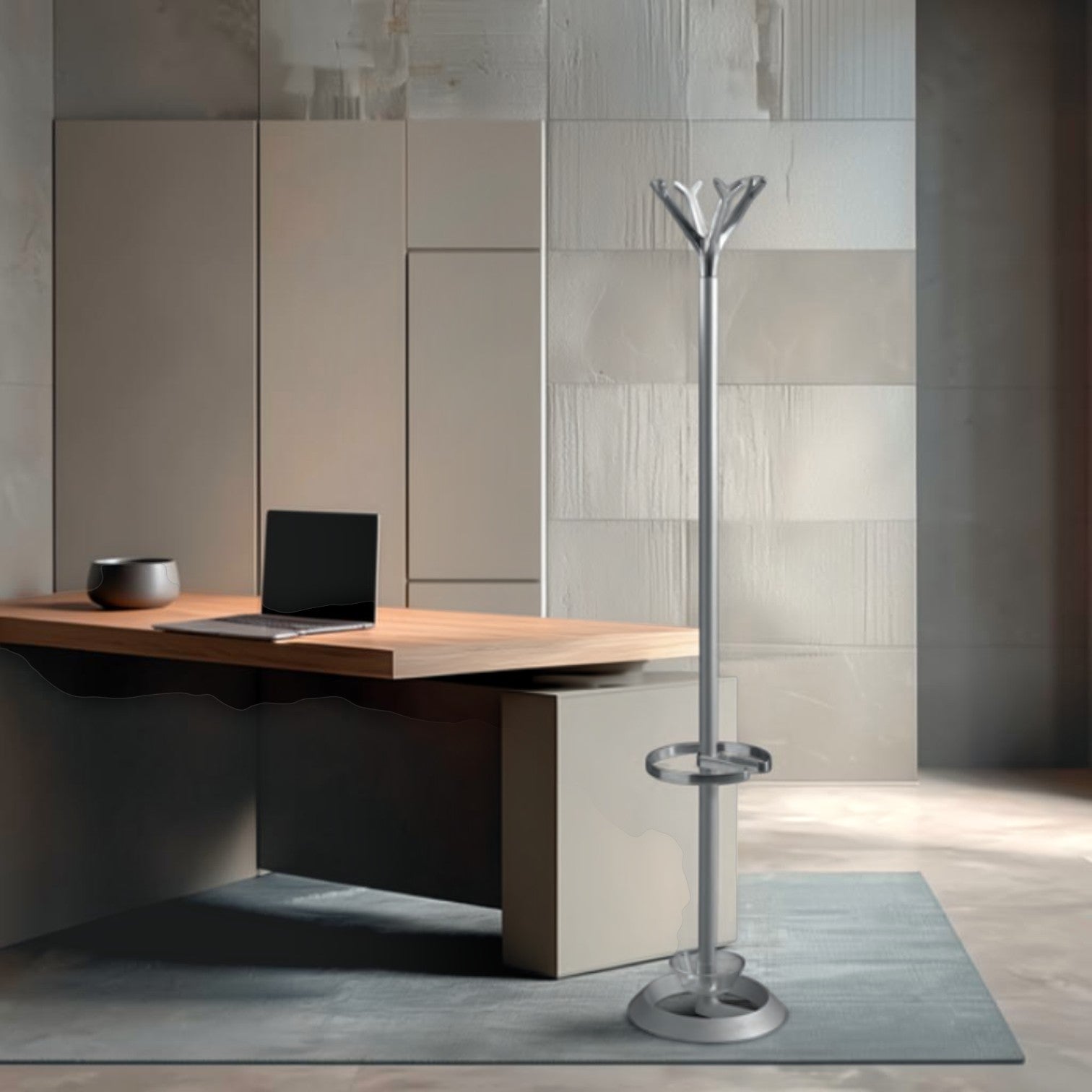Addo Shop Battista Coat Stand with Ring, silver metal, modern design with umbrella holder and hooks.