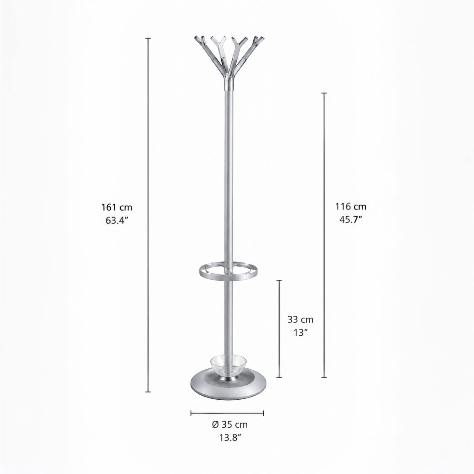 Addo Shop Battista Coat Stand with Ring, silver metal, modern design with umbrella holder and drip tray.
