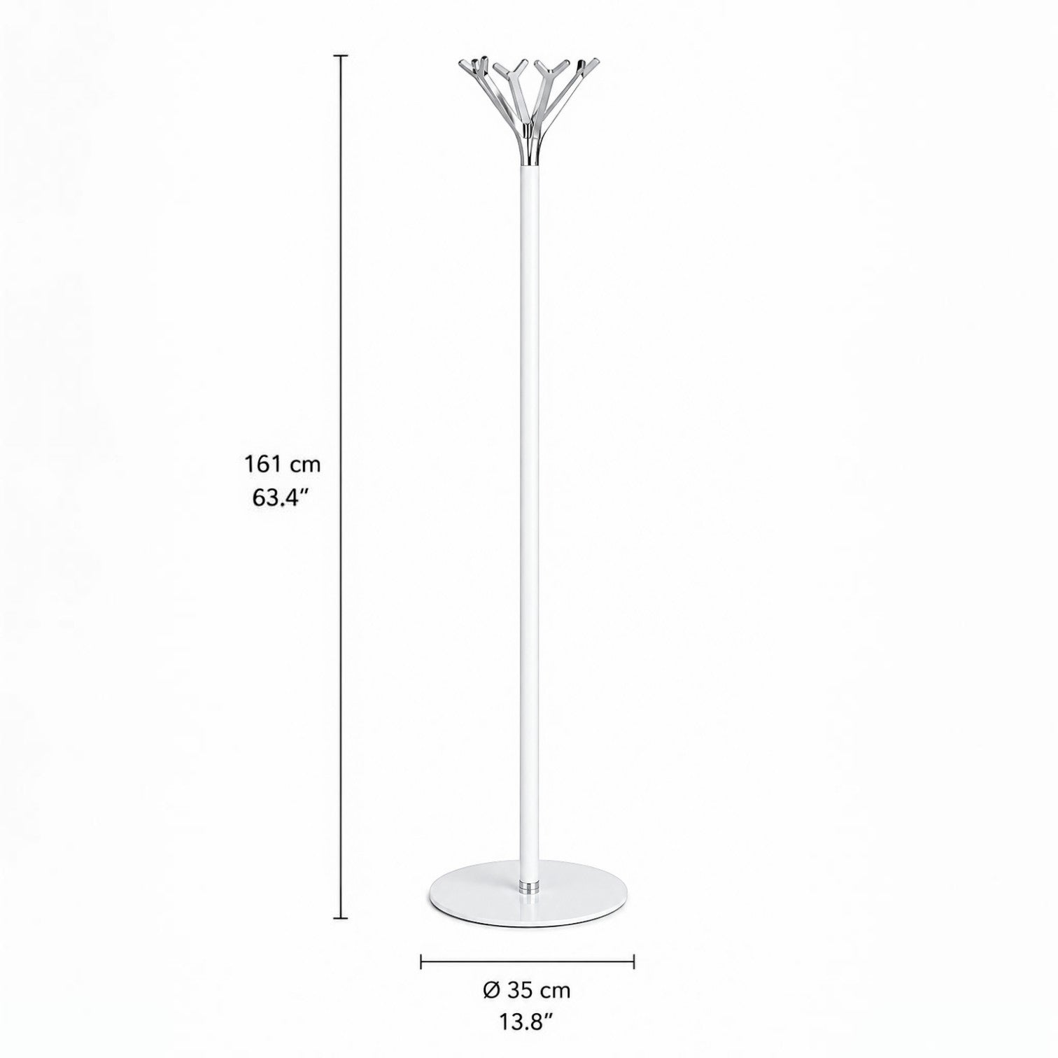 Addo Shop Battista Coat Stand, white metal with chrome branches, 161cm tall, 35cm base diameter.