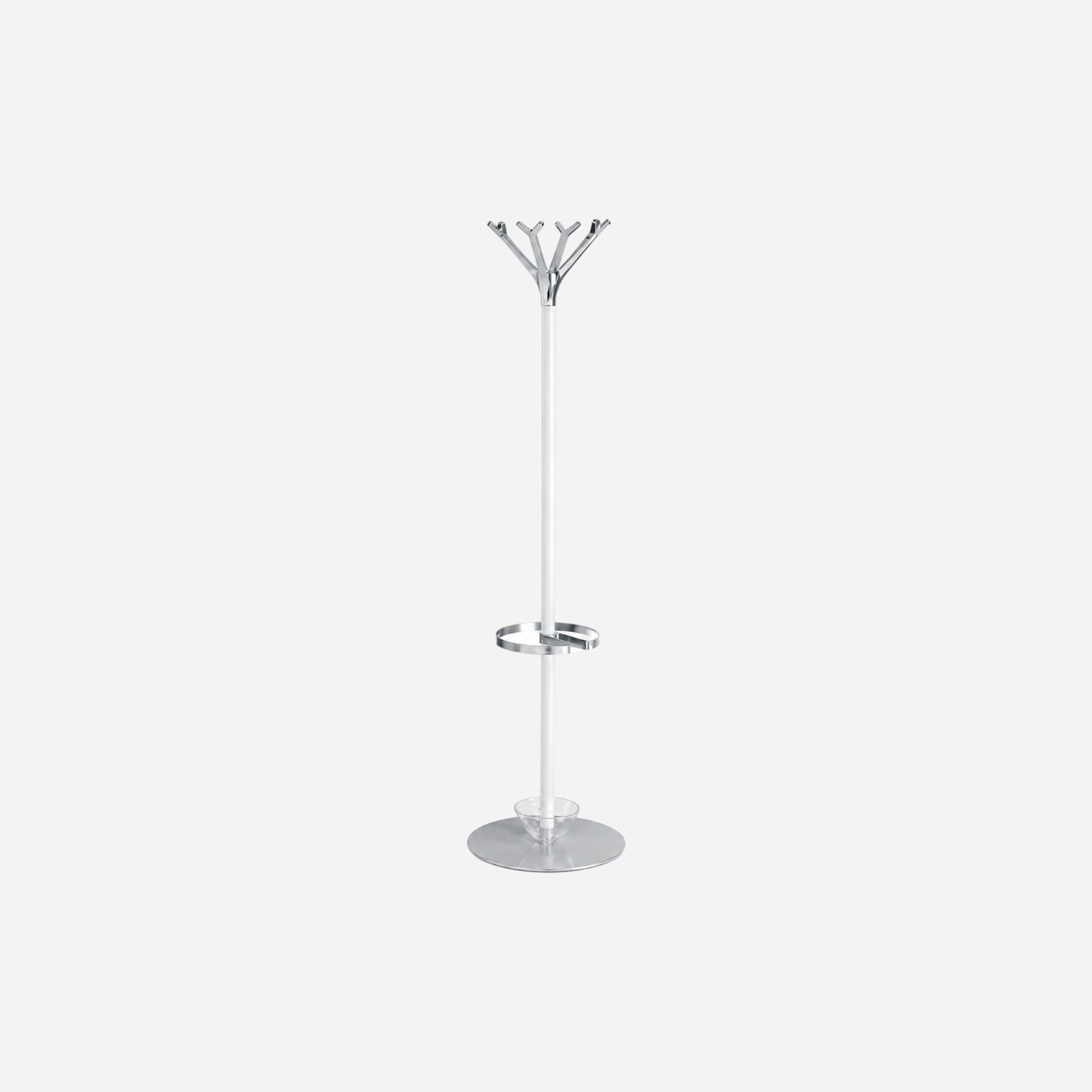 Addo Shop Battista Coat Stand with chrome branch-like hooks, white pole, silver ring, and round base.