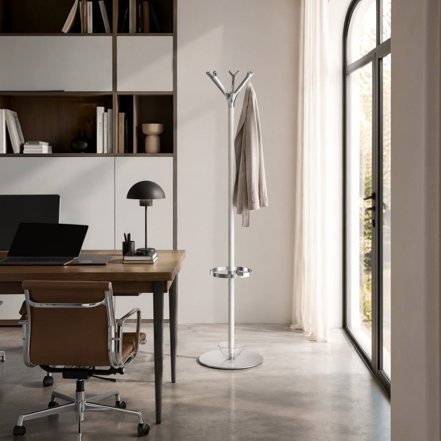 Addo Shop Battista Coat Stand with Ring, white metal and chrome, modern design with umbrella holder.