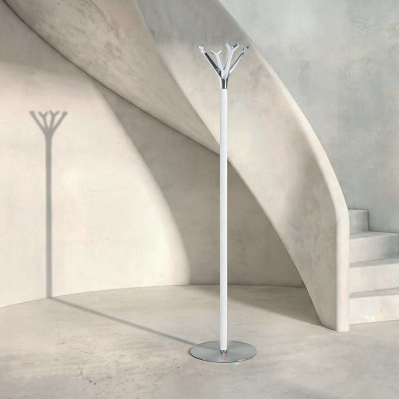 Addo Shop Battista Coat Stand, white metal with chrome branches, modern tree design.