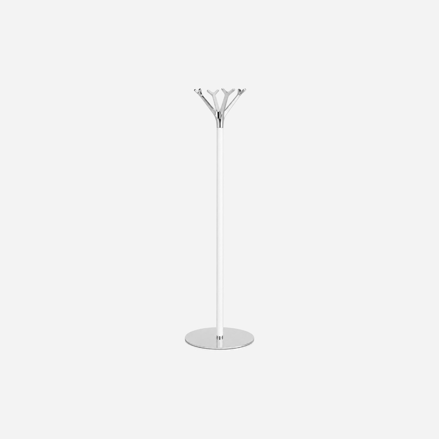 Addo Shop Battista Coat Stand with white pole and silver branch-like hooks on a circular base.