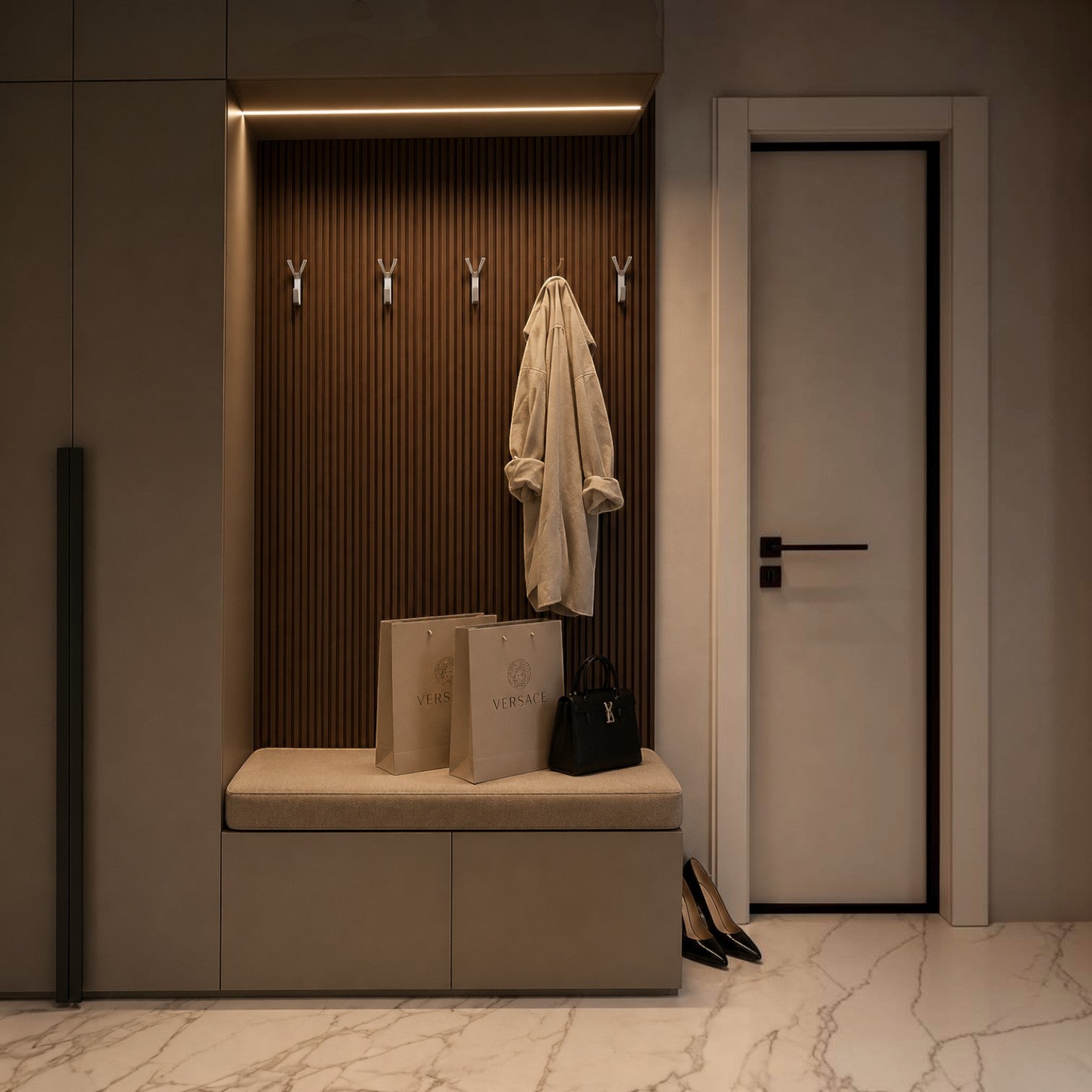 Addo Shop Battista Hook coat rack with modern Y-shaped hooks and integrated LED lighting.