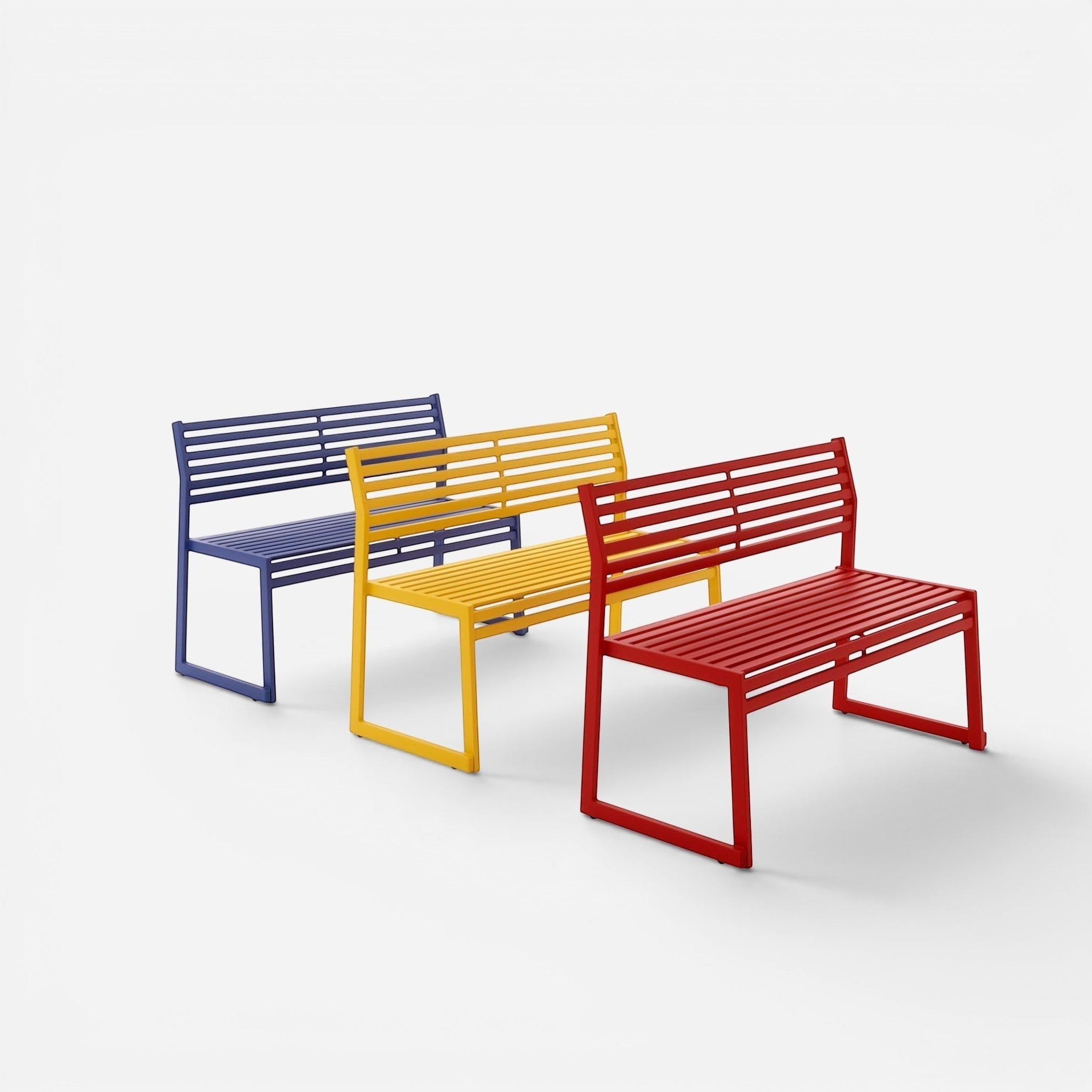 Addo Shop .026 Bench with Backrest in red, yellow, and blue powder-coated steel, designed for outdoor use.