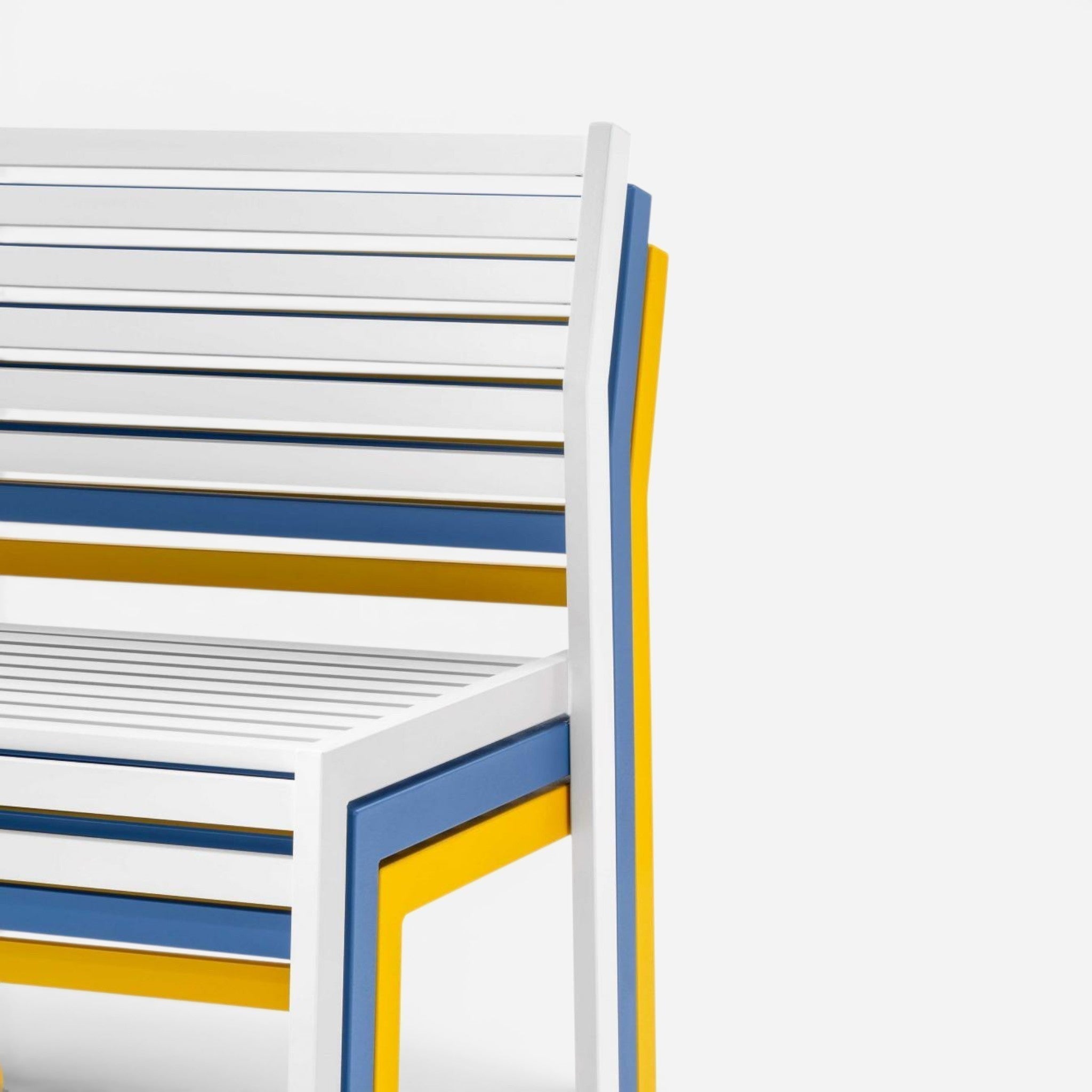 Addo Shop .026 bench with backrest, featuring white, blue, and yellow powder-coated steel slats.