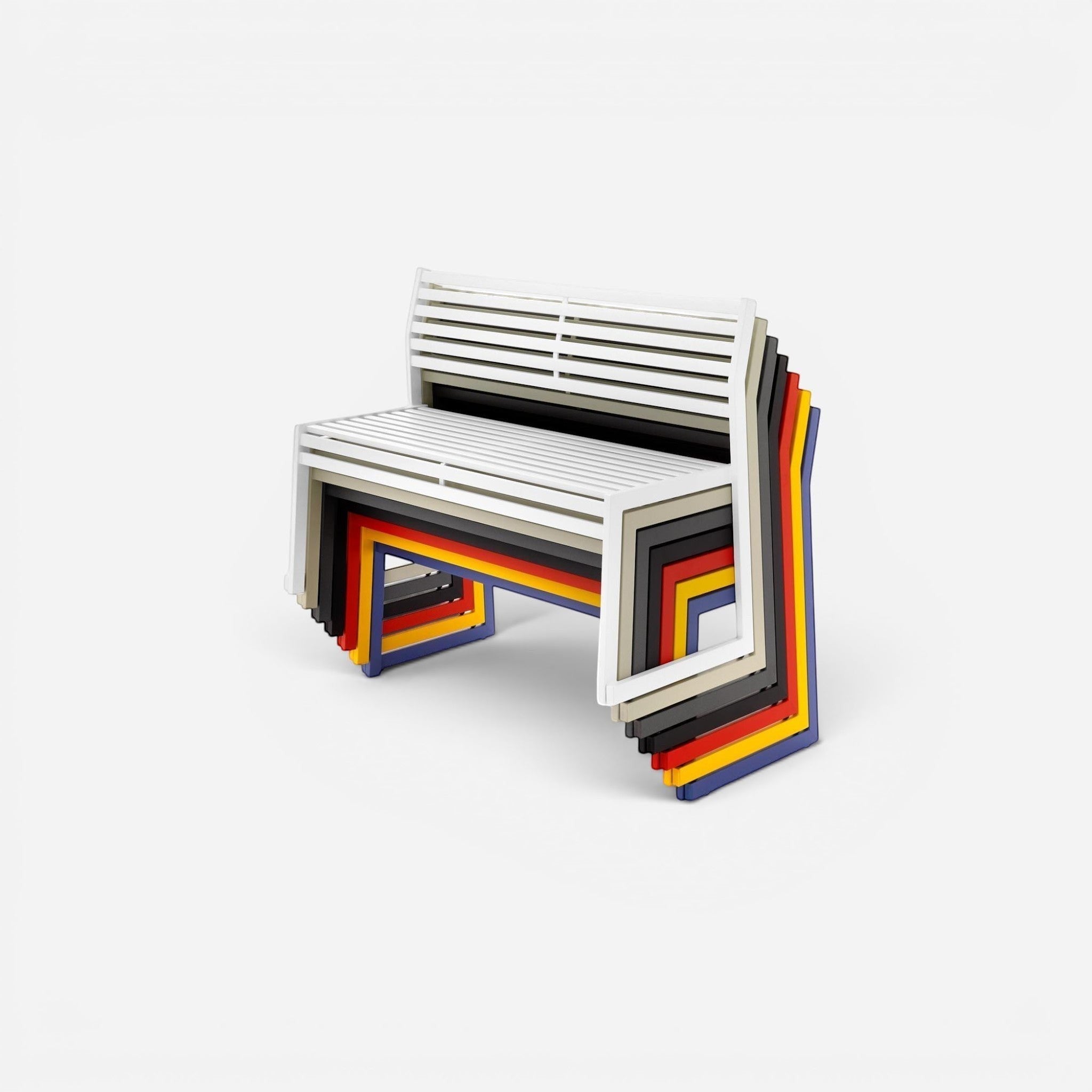 Addo Shop .026 Bench with Backrest, modern slatted design in white, stacked with colorful steel benches.