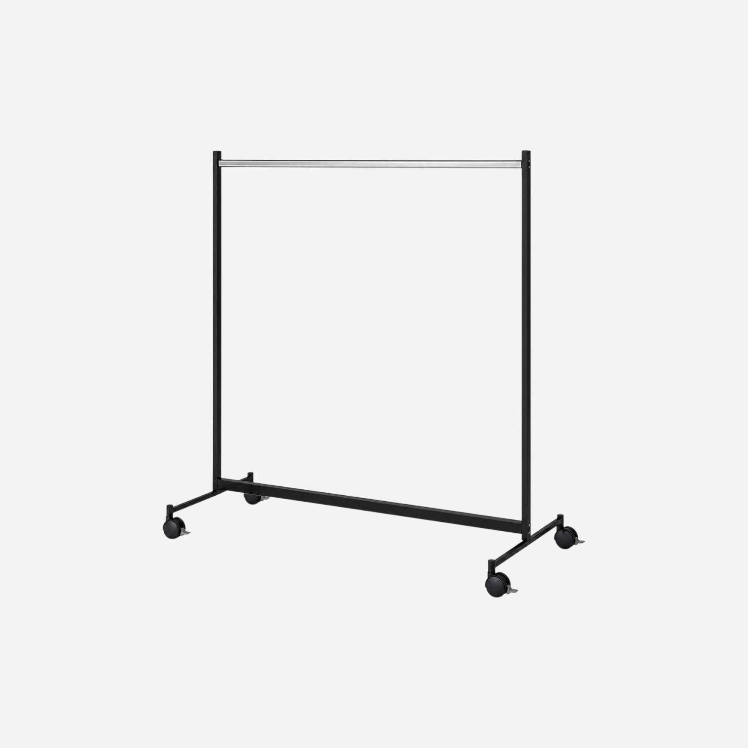 Addo Shop black metal garment rack with wheels, 146 cm tall, for clothing display or storage.