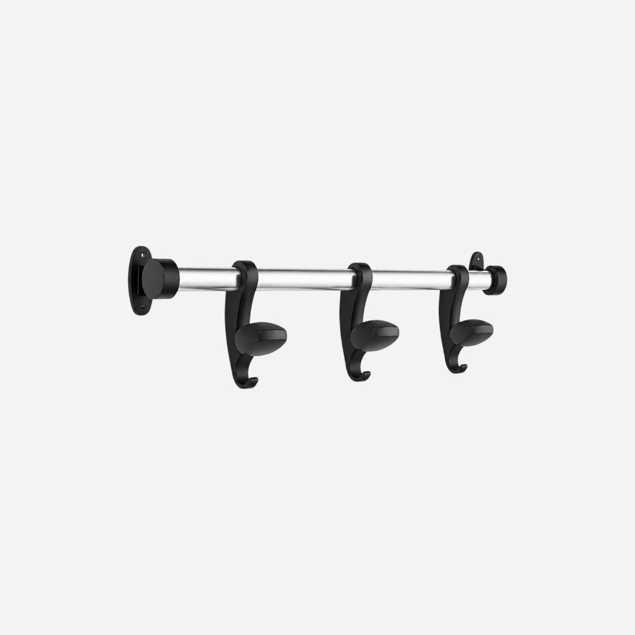 Addo Shop black metal wall hook with brushed metal bar and three black hooks.