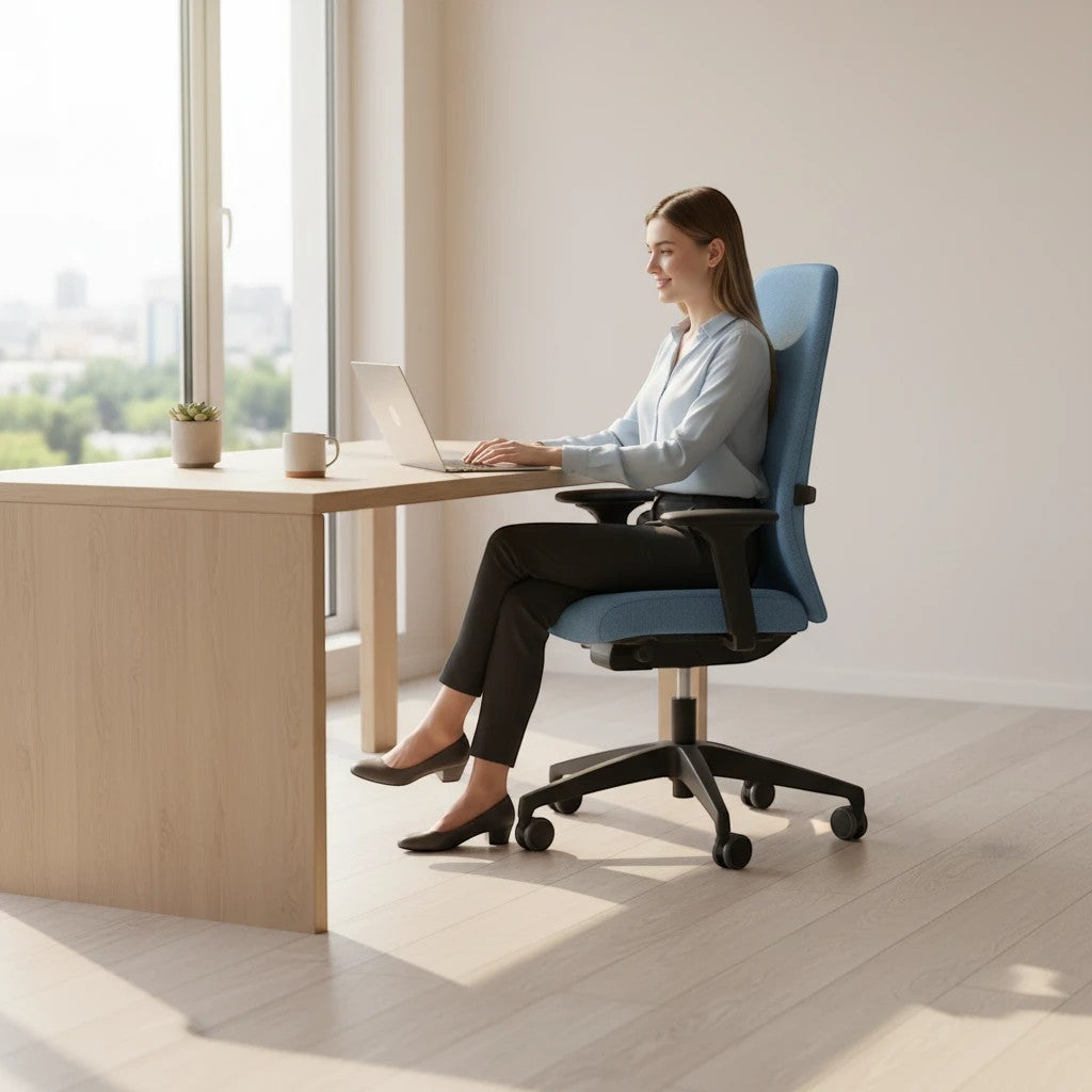 Addo Shop blue ergonomic office chair with black base, used by a woman working on a laptop at a desk.