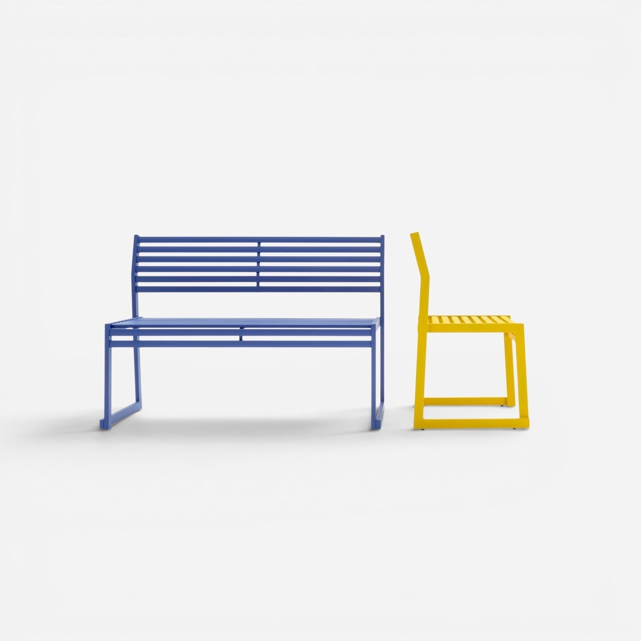 Addo Shop blue slatted steel bench with backrest and yellow slatted stool, outdoor furniture.