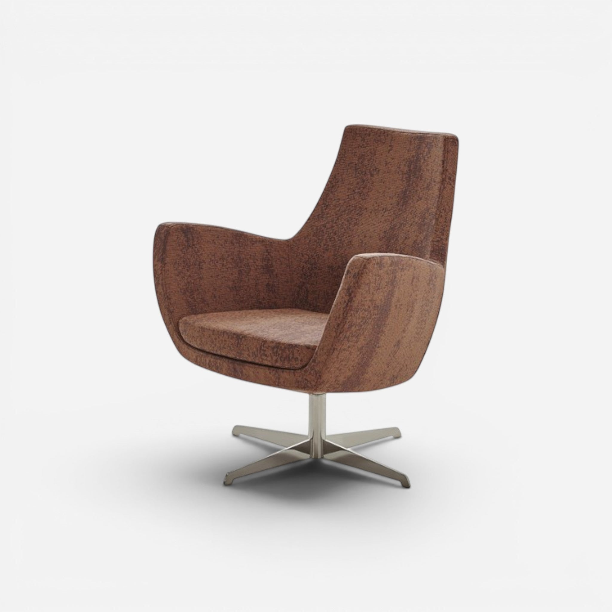 Addo Shop brown faux leather swivel lounge chair with chrome metal base and curved arms