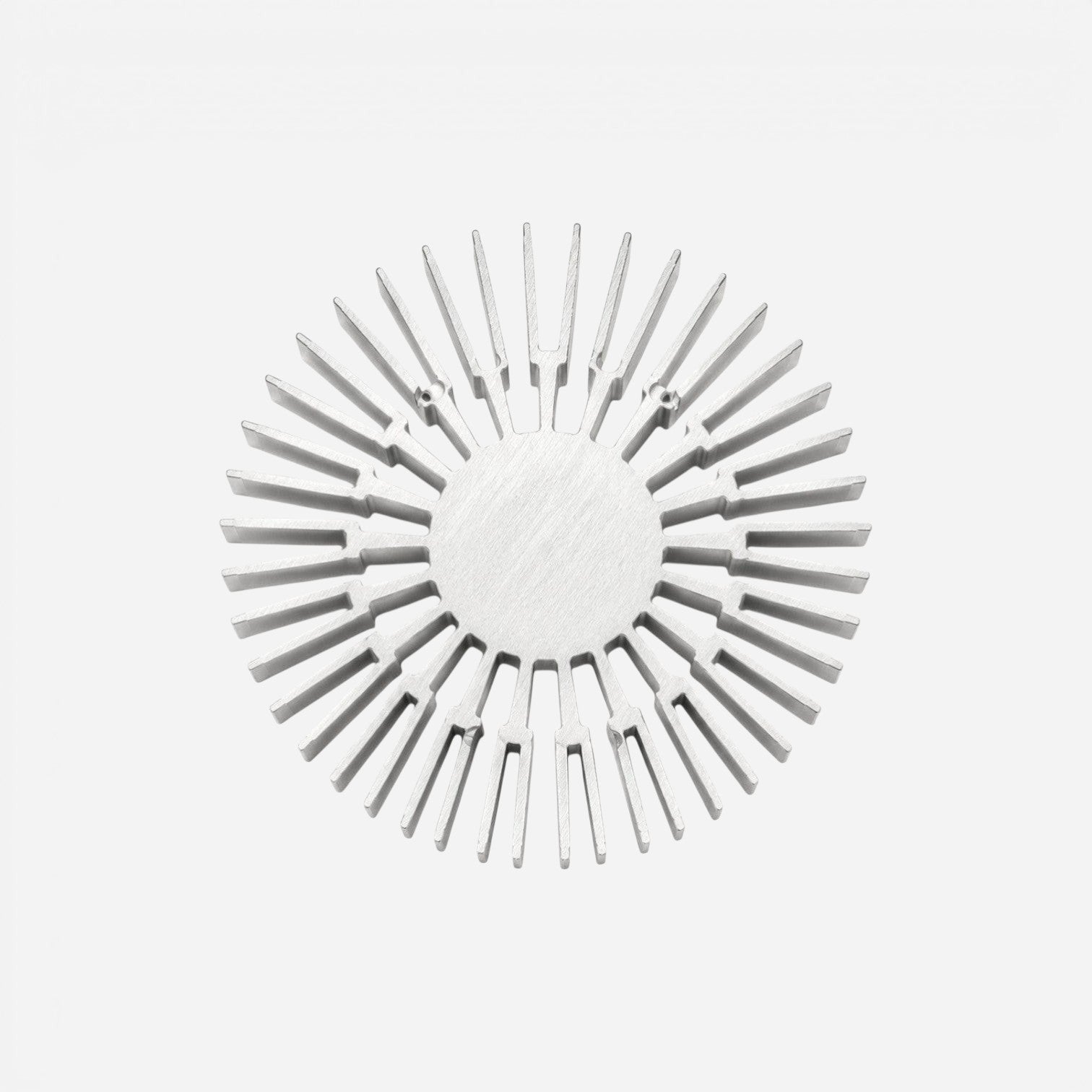 Addo Shop circular aluminum heatsink with radial fins for electronics cooling. Brushed metal finish.