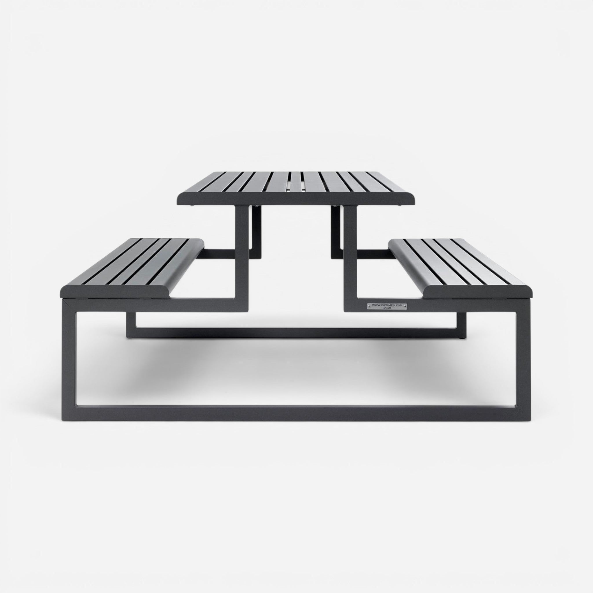 Addo Shop dark grey slatted steel picnic table with attached benches, suitable for outdoor use.
