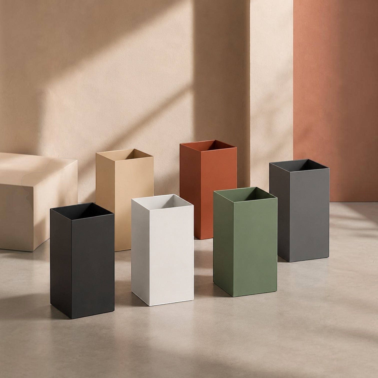 Addo Shop Design Collection 13L waste bin in black, white, beige, rust, green, and grey. Modern square design.