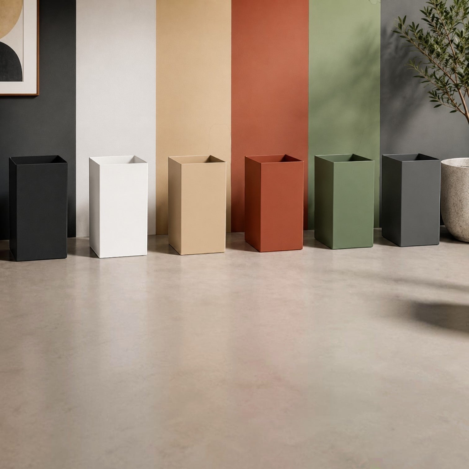 Addo Shop Design Collection 13L waste bin in black, white, beige, rust, green, and grey. Modern square design.