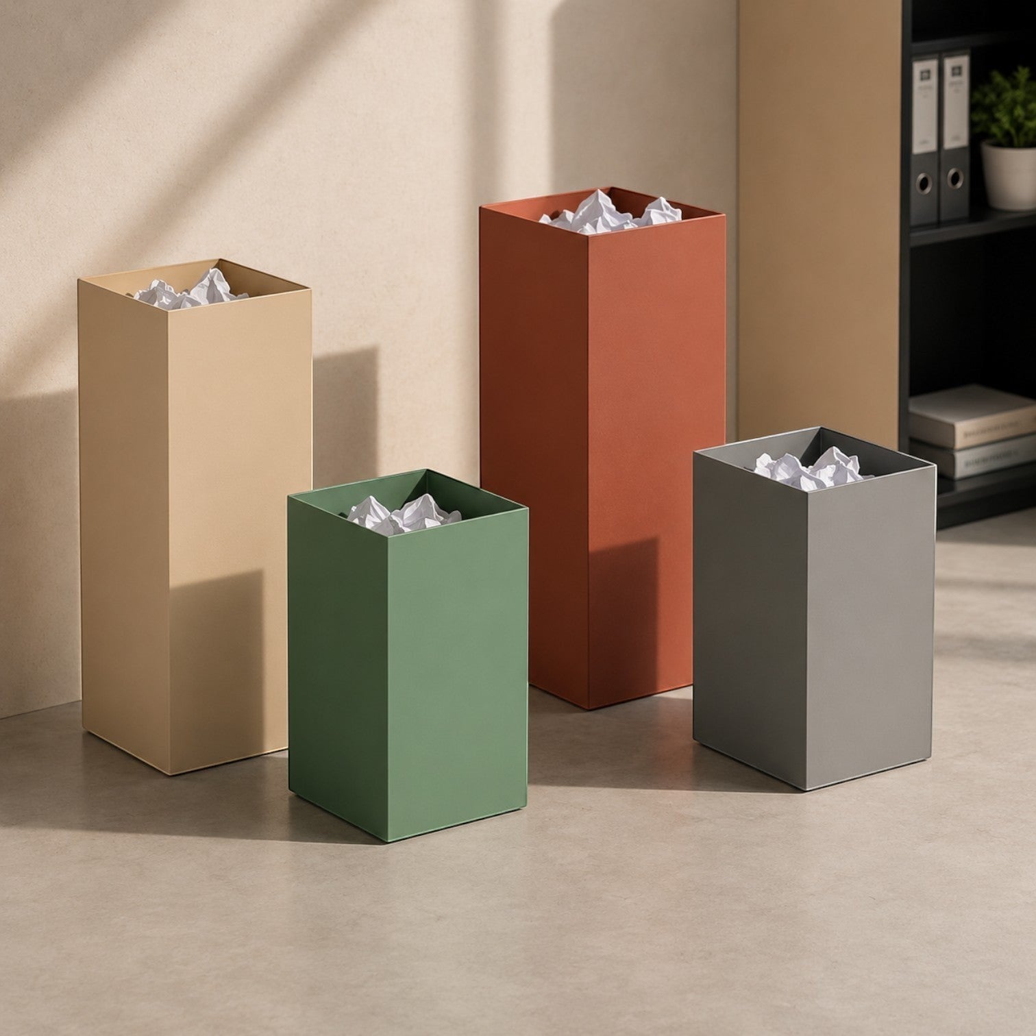 Addo Shop Design Collection 20L waste bin in terracotta, green, beige, and grey. Modern square bins.