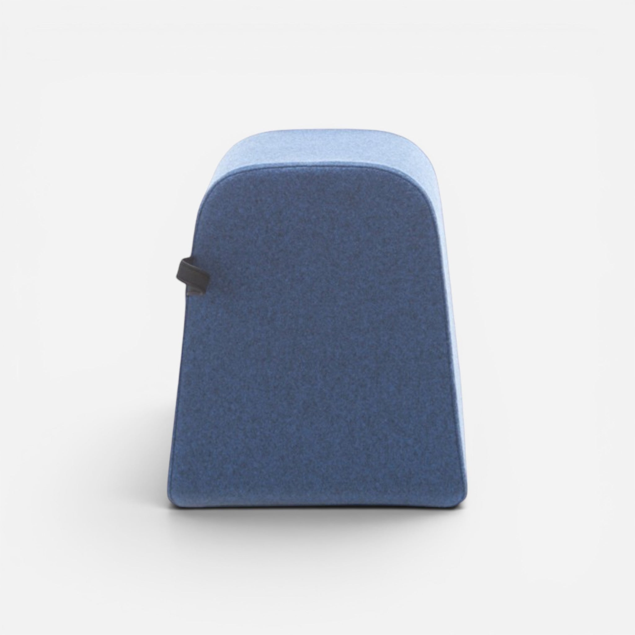 Addo Shop Dondolo pouf in blue fabric with a unique curved shape and a small black handle detail.