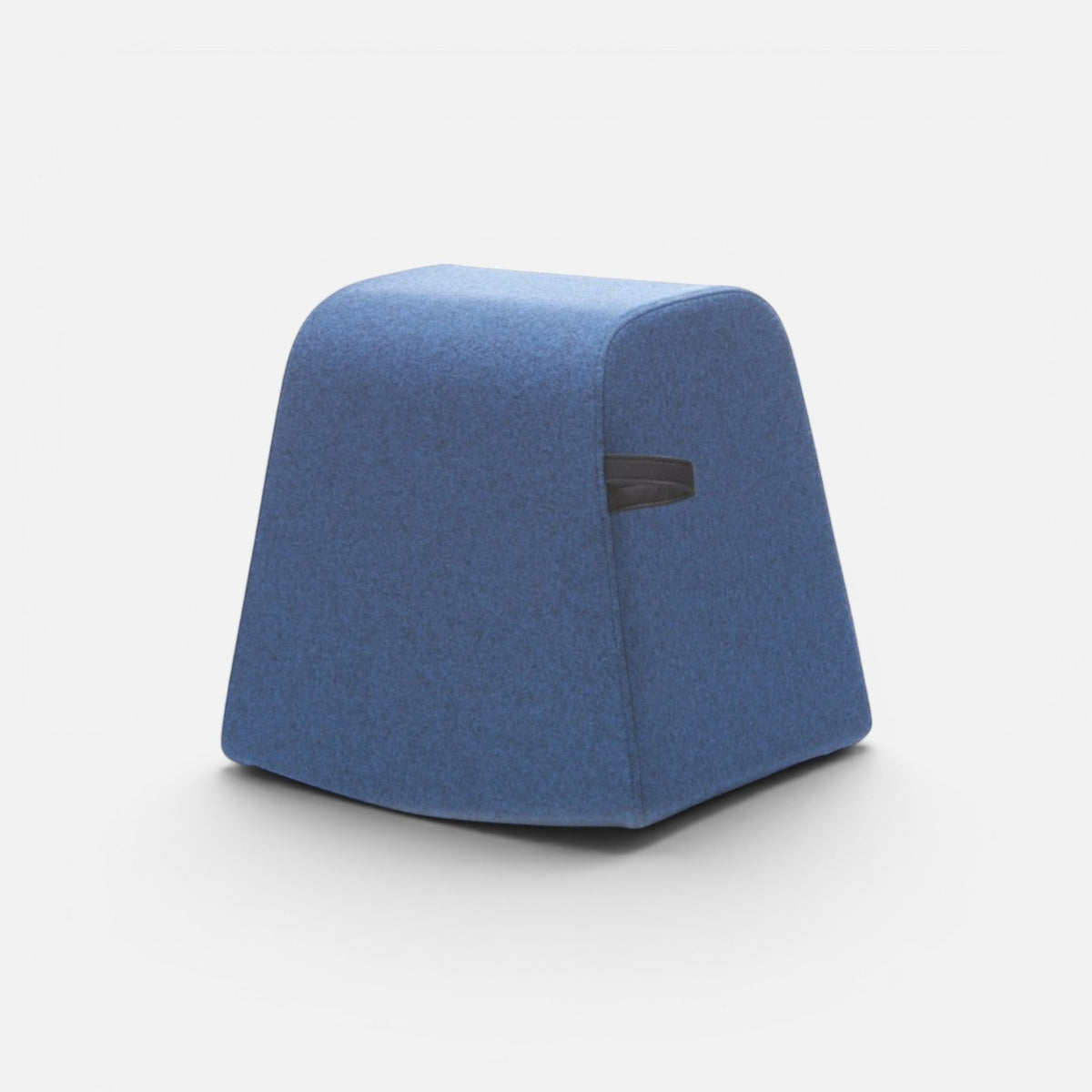 Addo Shop Dondolo pouf in blue fabric with a faux leather handle detail.
