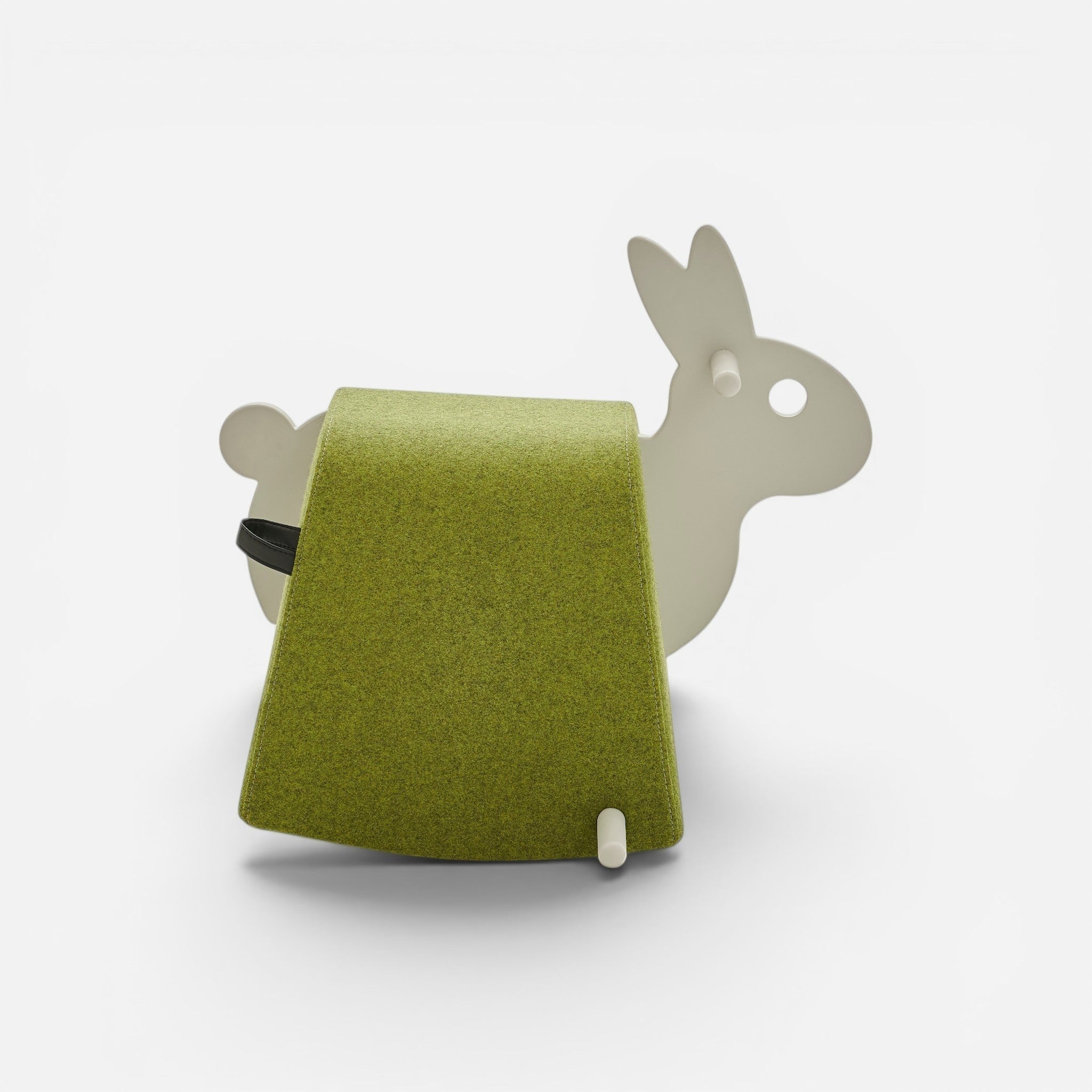 Addo Shop Dondolo Kids Roger rocking toy for children, white rabbit design with green felt seat.
