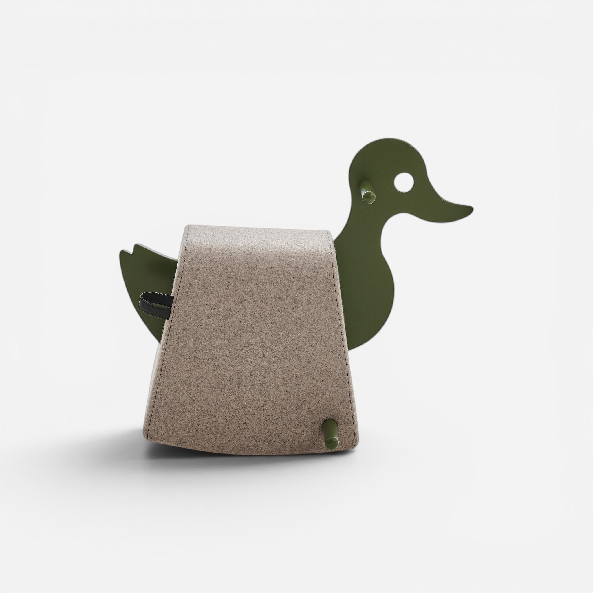 Addo Shop Dondolo Kids Roger rocking duck toy with taupe fabric seat and green metal accents