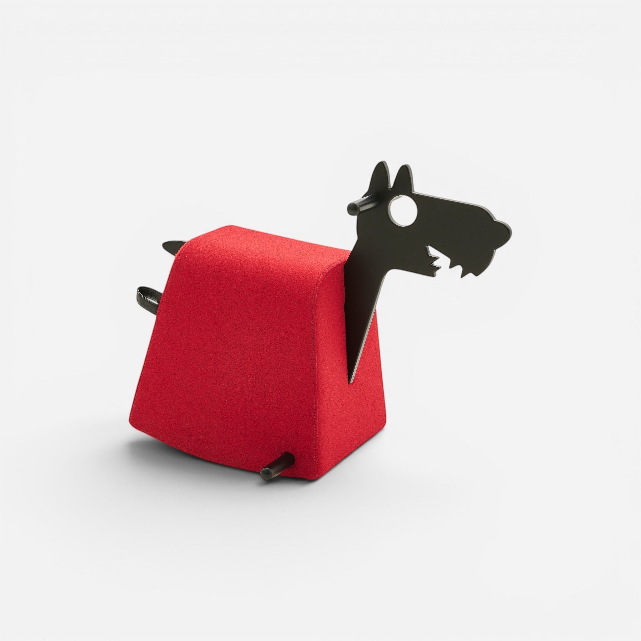 Addo Shop Dondolo Kids Roger rocking toy for children, upholstered in red fabric with a black dog-shaped head.