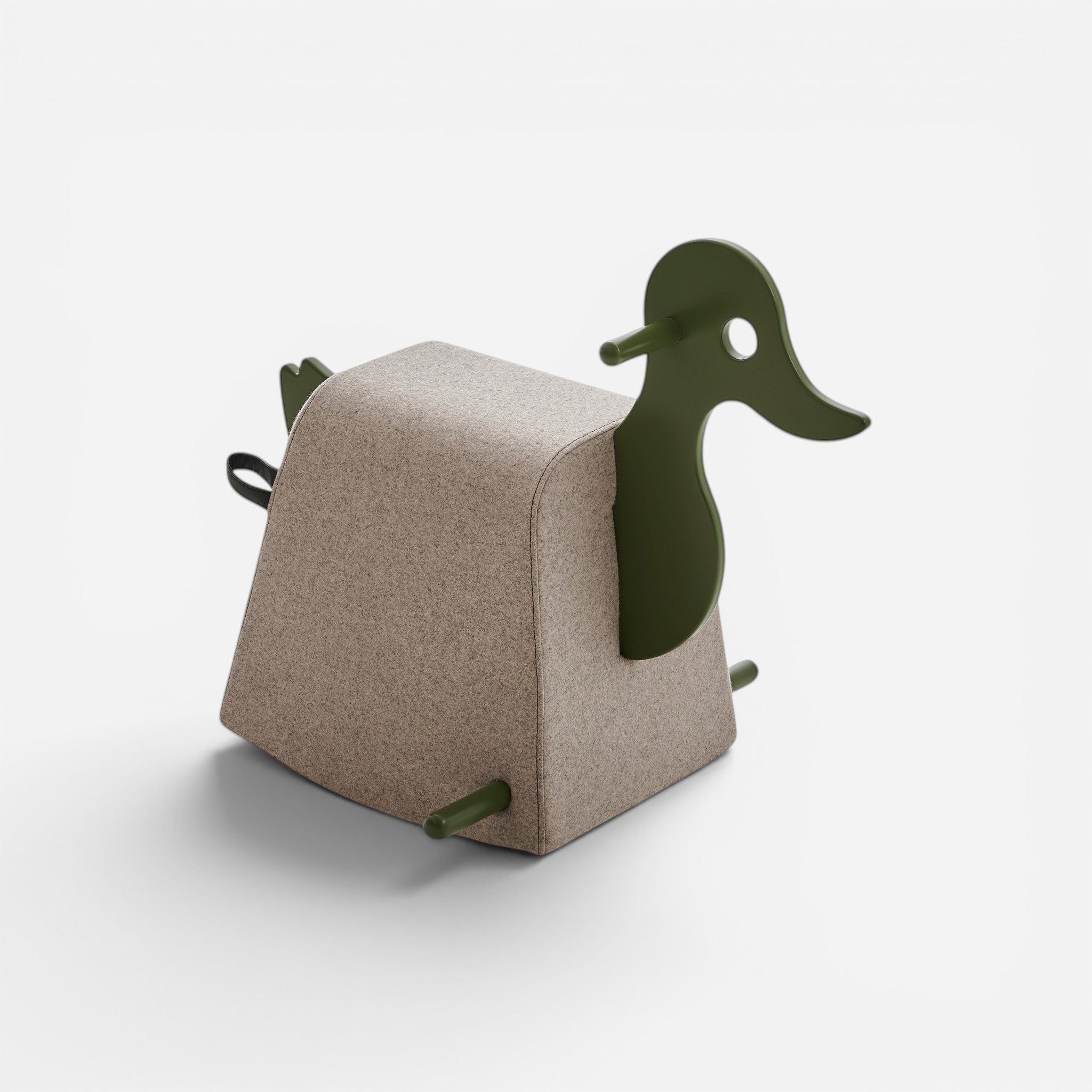 Addo Shop Dondolo Kids Roger rocking duck toy made of beige fabric and green wood. Features a duck head and tail.
