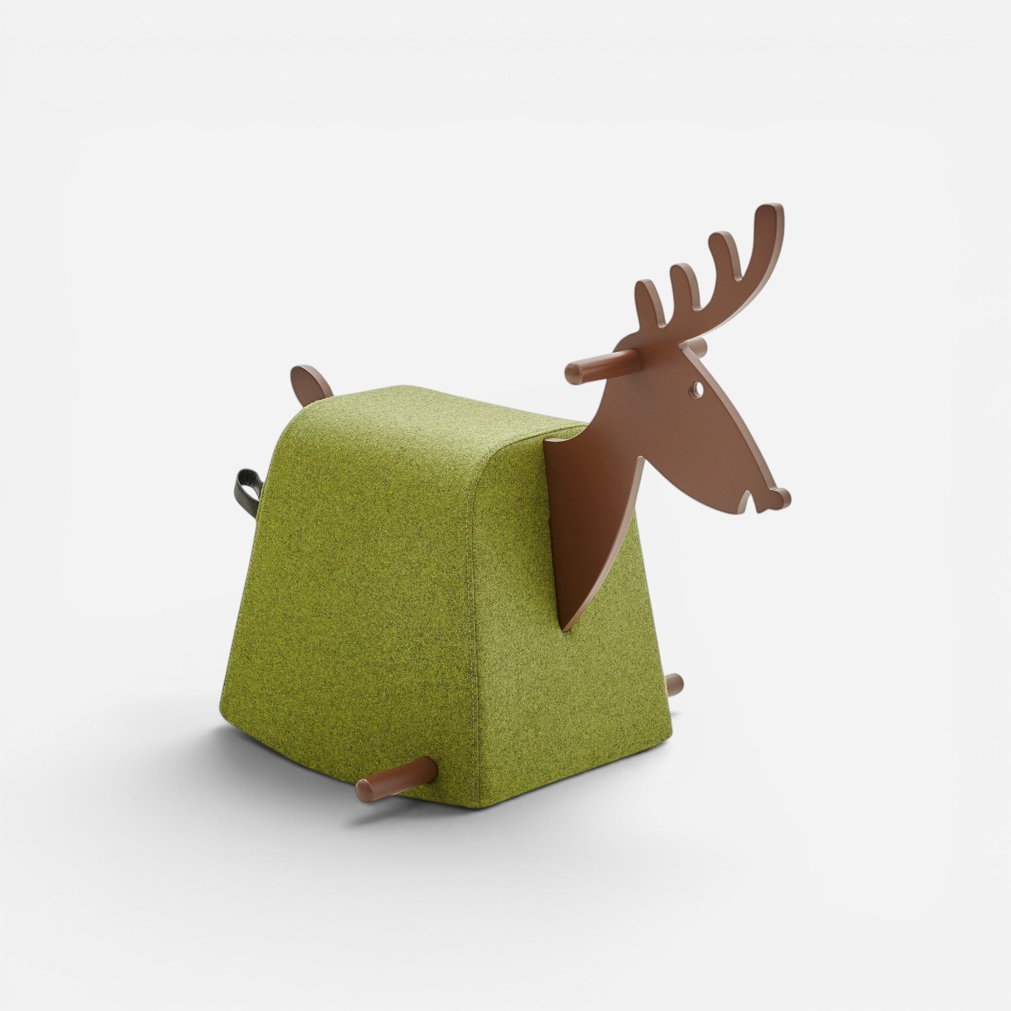 Addo Shop Dondolo Kids Roger rocking moose chair for children, upholstered in green fabric with brown faux leather accents.