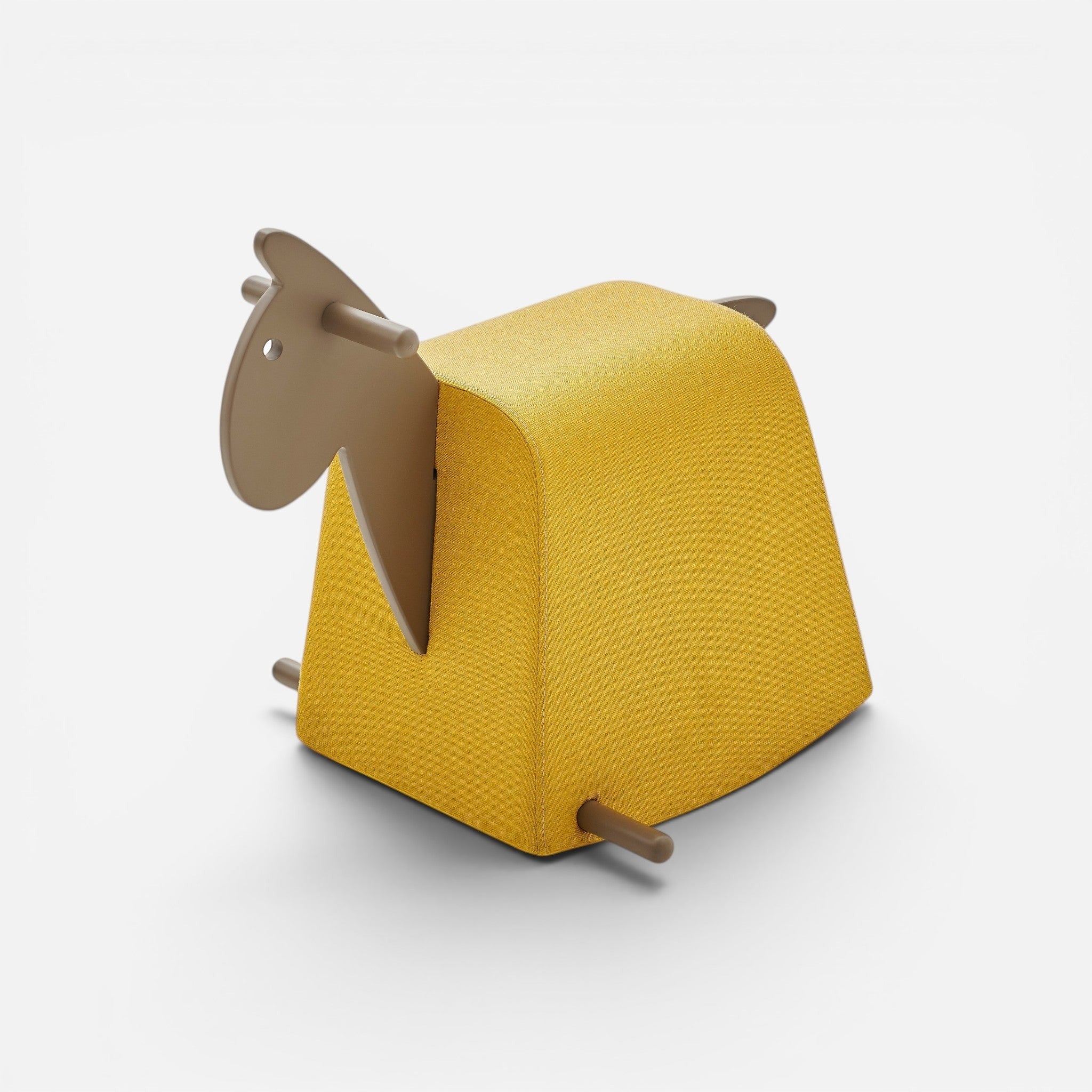 Addo Shop Dondolo Kids Roger rocking sheep toy, yellow fabric with wooden accents, for children.