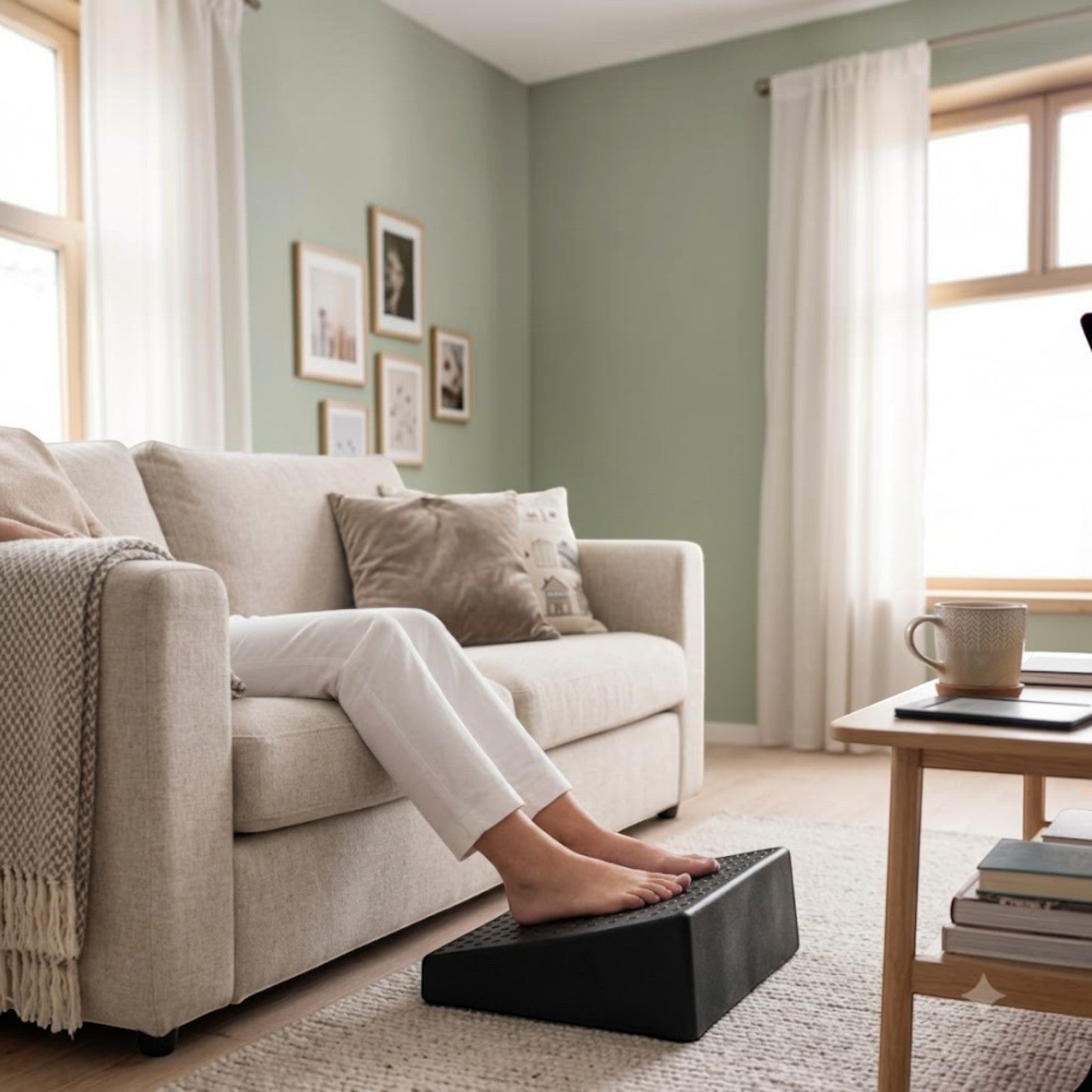 Addo Shop RIPOSO ergonomic footrest, black textured plastic, angled design for comfort while sitting on a sofa.