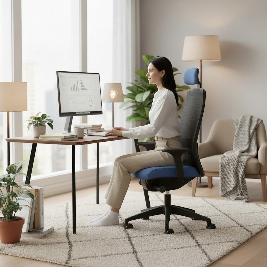 Addo Shop ergonomic office chair with blue seat and grey mesh back, used by a woman working at a desk.