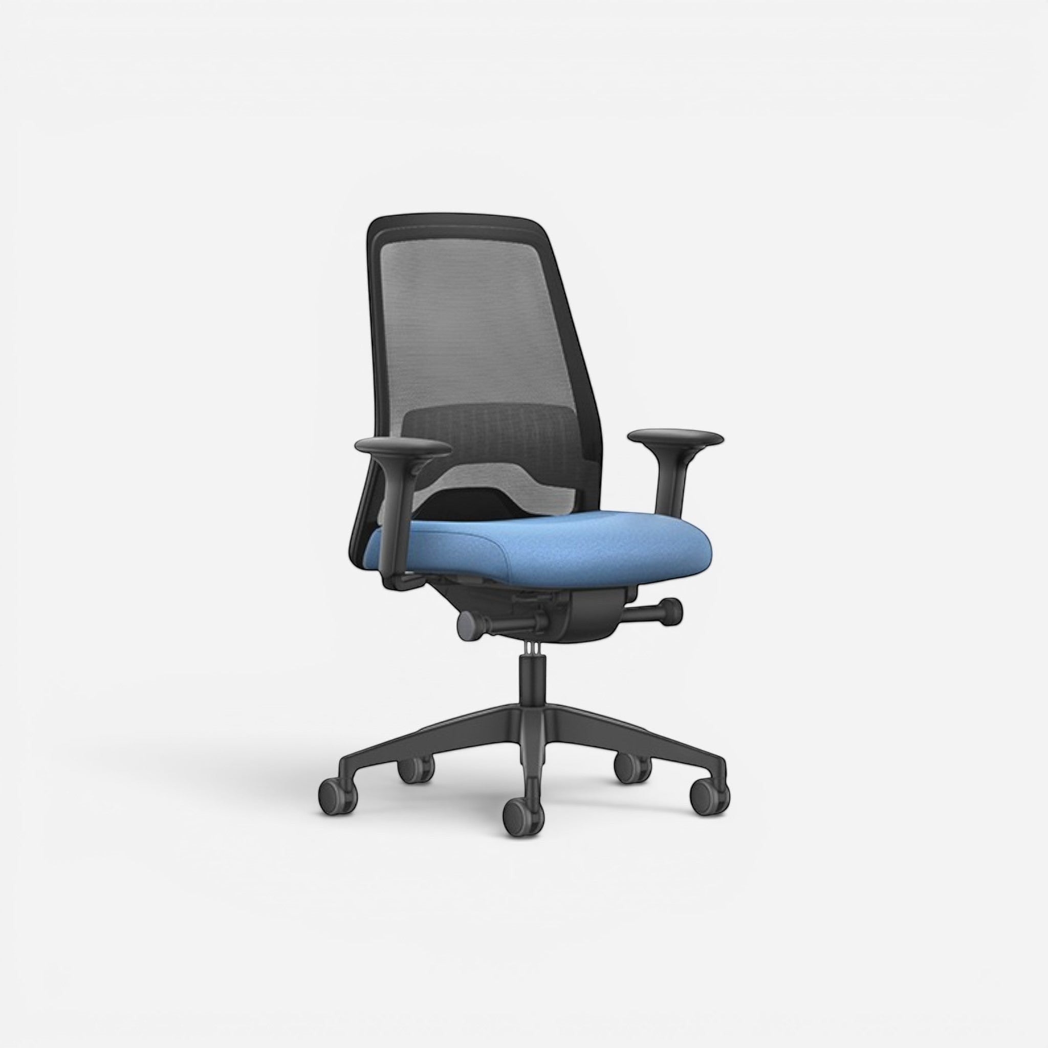 Addo Shop Every ergonomic office chair with black mesh back and blue upholstered seat, adjustable arms and lumbar support.