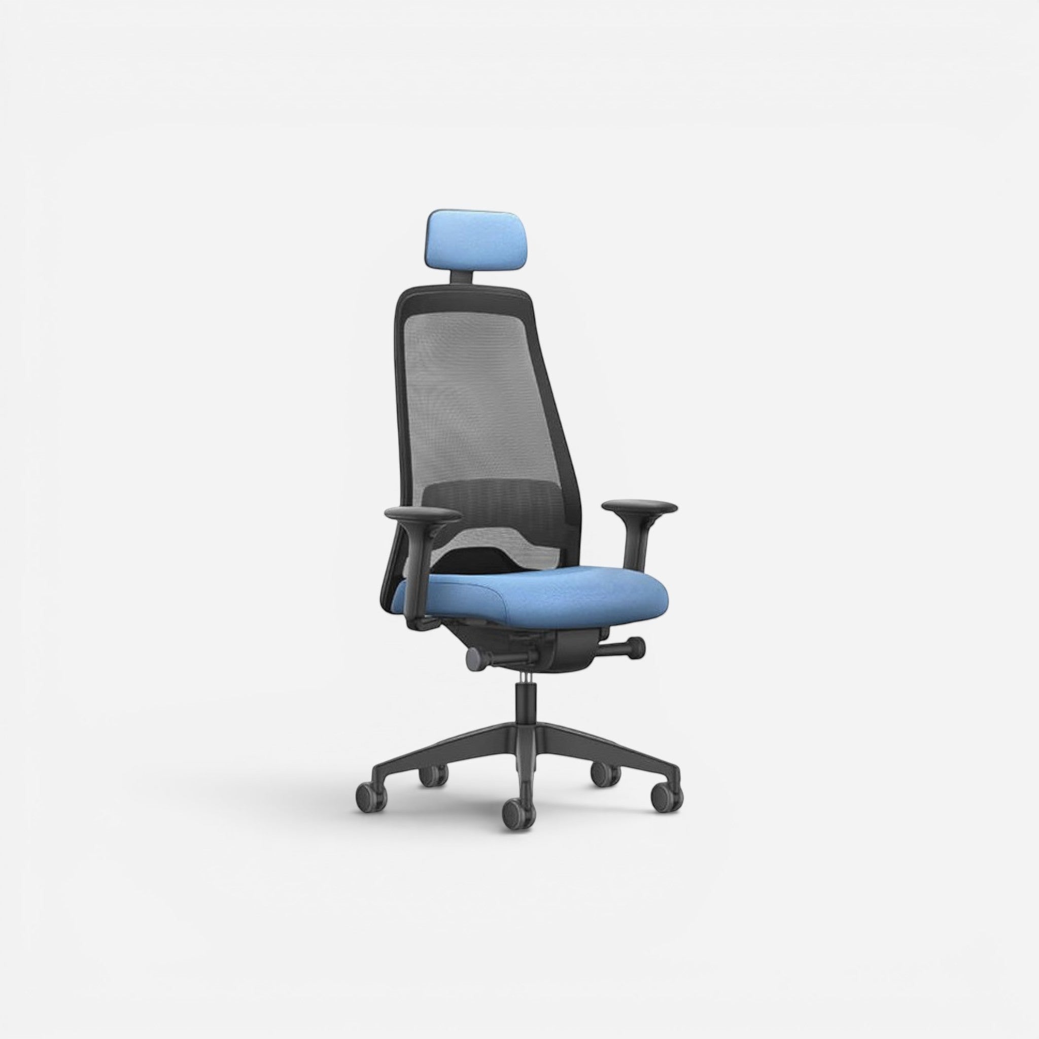 Addo Shop Every ergonomic office chair with blue seat, mesh back, headrest, and adjustable arms.