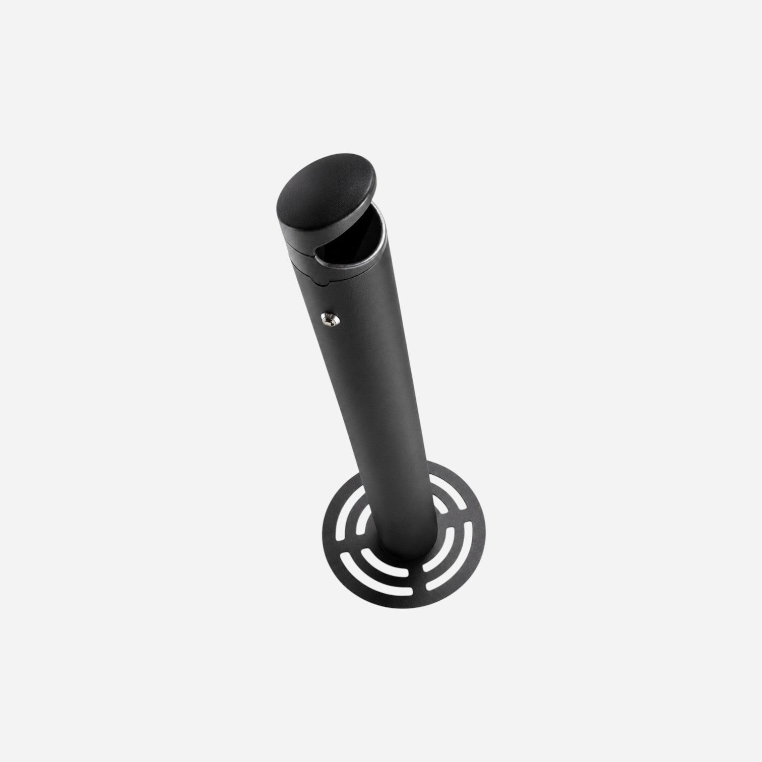 Addo Shop Externo black metal outdoor ashtray with a circular perforated base and a flip-top lid.