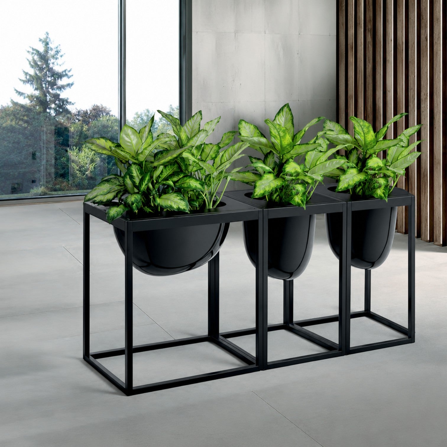 Addo Shop Florianopolis planter with three black glossy bowls on a black metal frame, holding lush green plants.