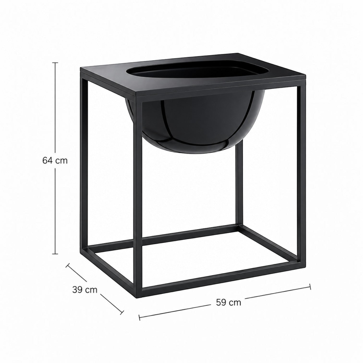 Addo Shop Florianopolis Planter 59, a black glossy bowl planter on a black metal frame stand. Dimensions shown: 64cm height, 59cm width, 39cm depth.