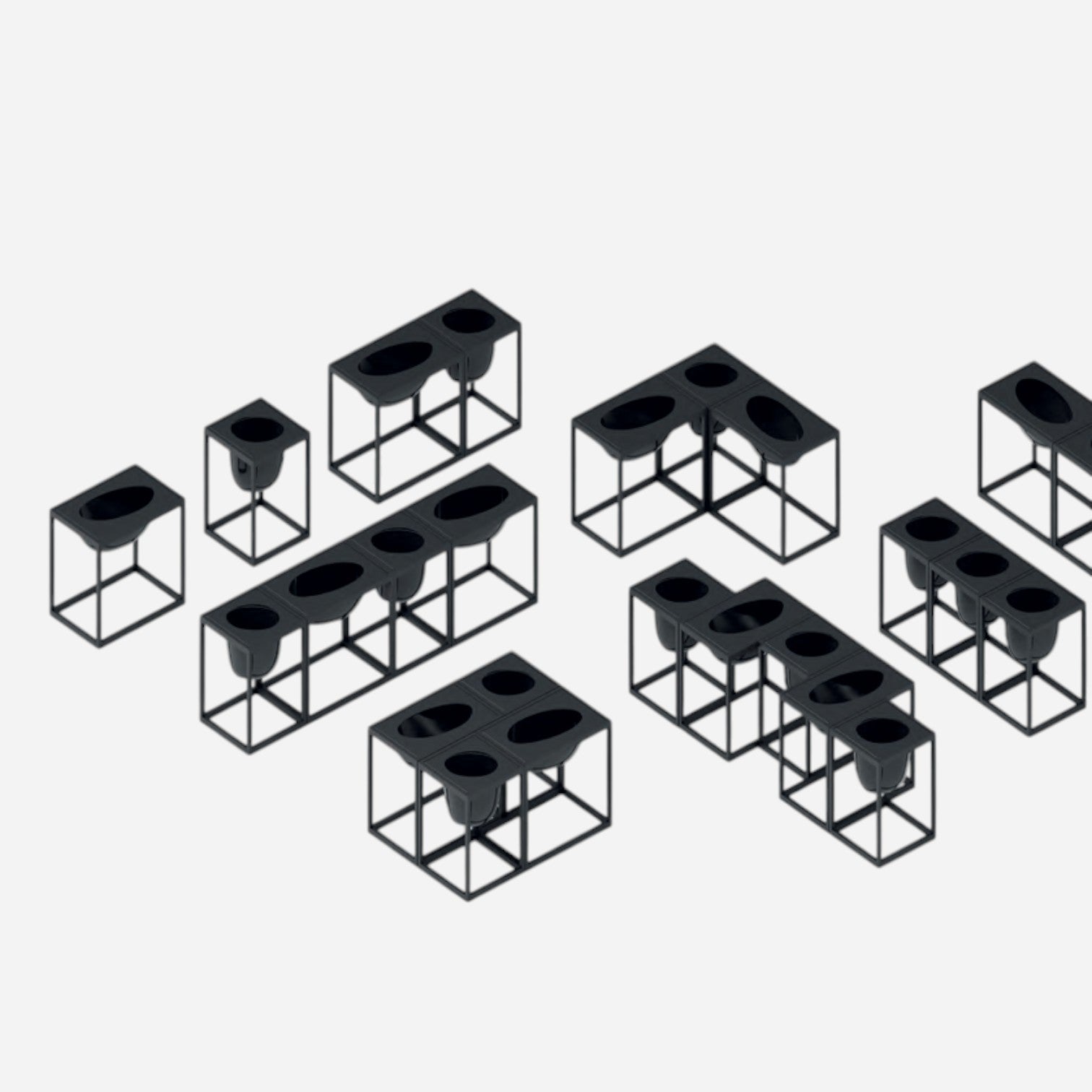 Addo Shop Florianopolis planter, 39 cm, black metal frame with multiple black oval pots, modular design.