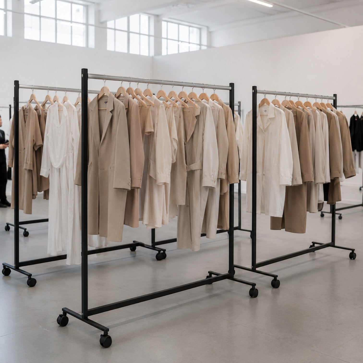 Addo Shop Rapid Garment Rack with beige and white linen coats and dresses on display in a bright studio.