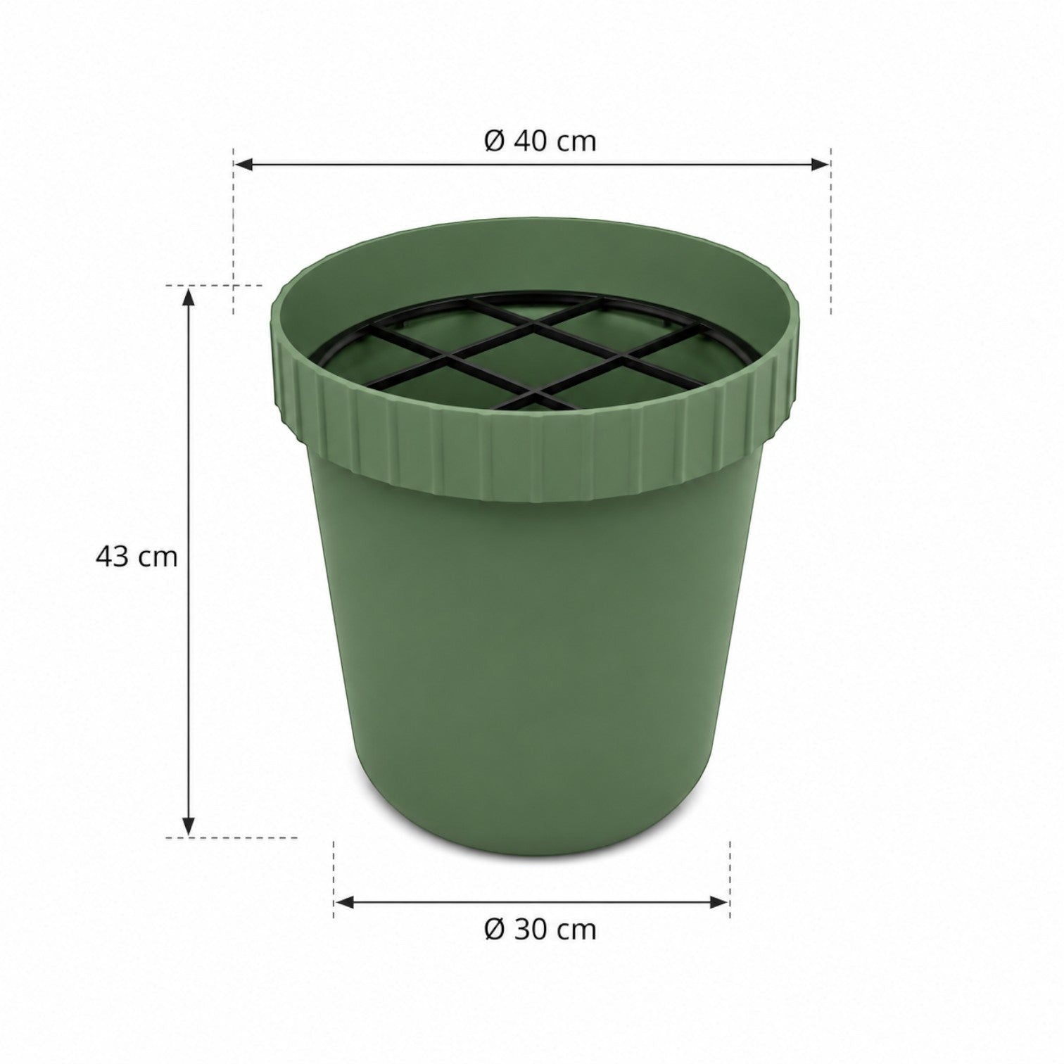 Addo Shop green plastic umbrella stand with a grid insert and ribbed rim. Dimensions shown: 43cm height, 40cm top diameter, 30cm base diameter.
