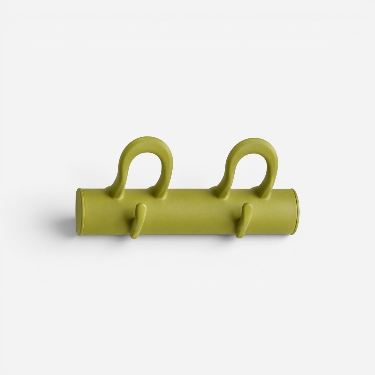 Addo Shop green wall mounted coat hooks with four curved hangers and two smaller hooks for hats or scarves.
