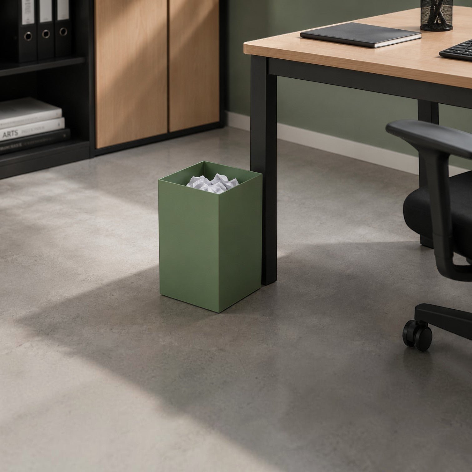 Addo Shop green 13L waste bin with a modern square design, perfect for offices.