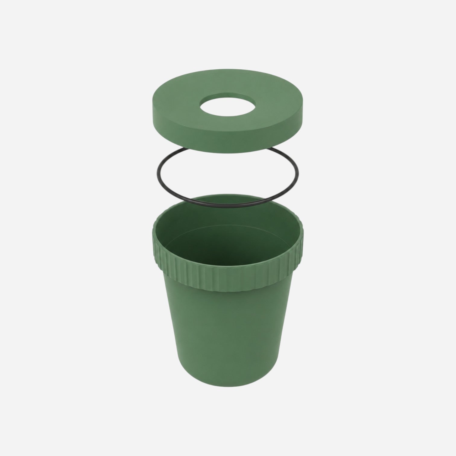 Addo Shop Raffles System green plastic waste bin with grid top and rubber ring, shown disassembled.