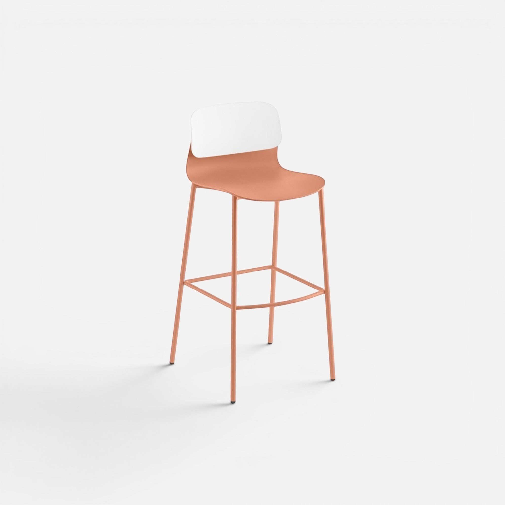 Addo Shop Greta bar stool with a coral plastic seat and white plastic backrest on thin metal legs.