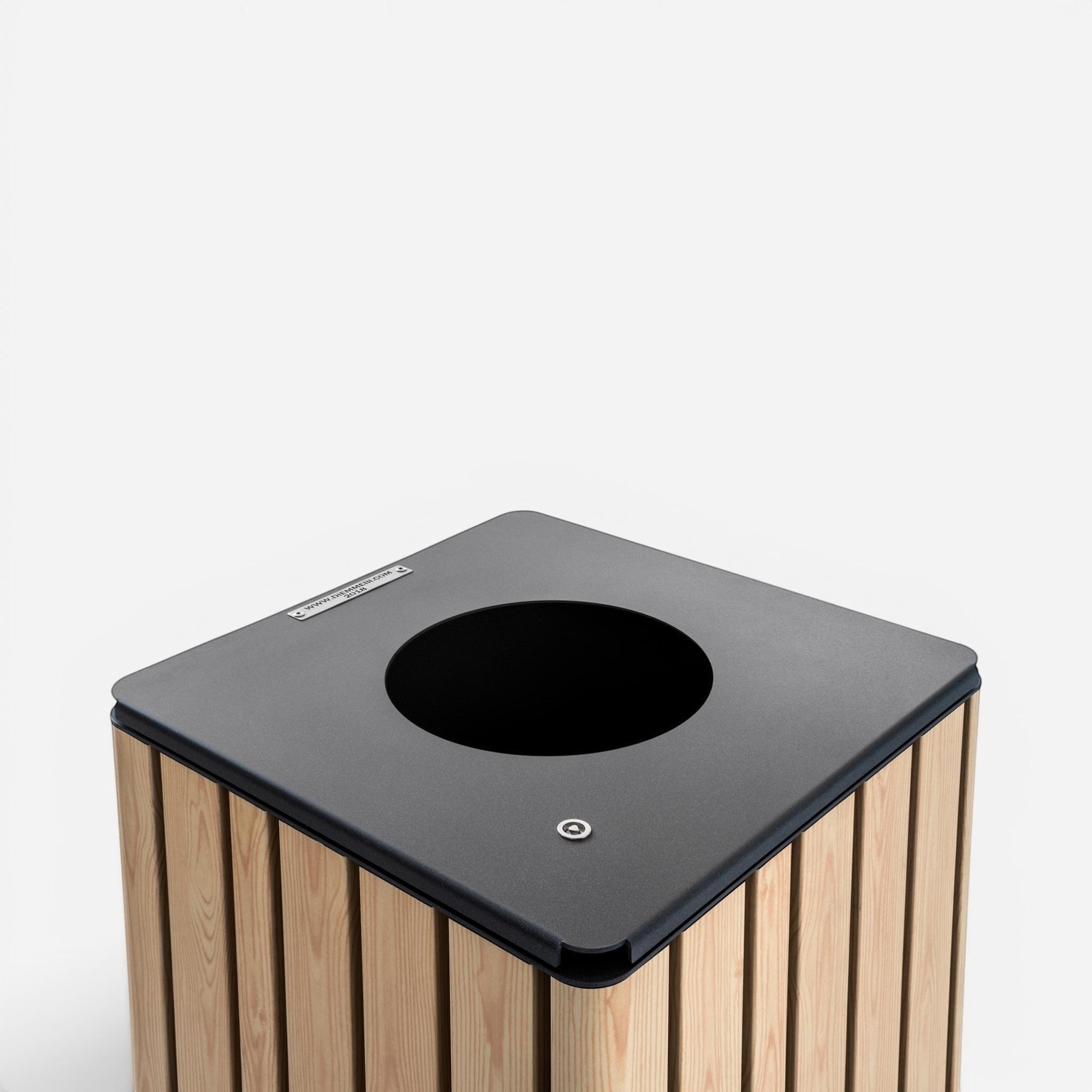 Addo Shop h24 litter bin with natural wood slats and a dark grey metal top with a circular opening.