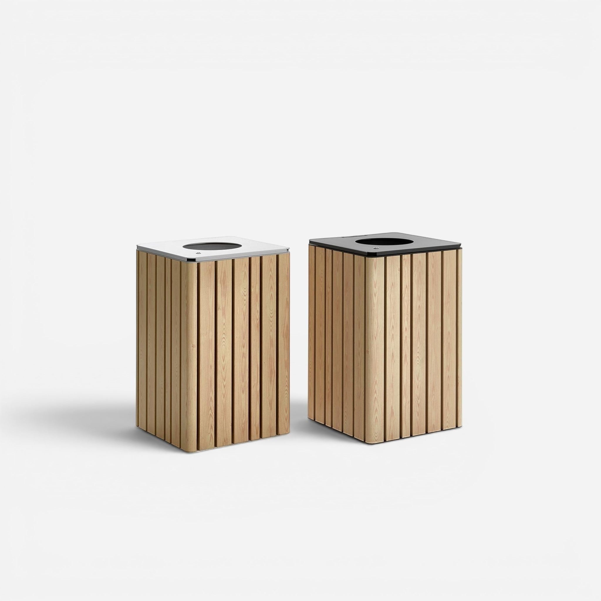 Addo Shop h24 litter bins with natural wood slats and stainless steel or black top, designed for outdoor public spaces.