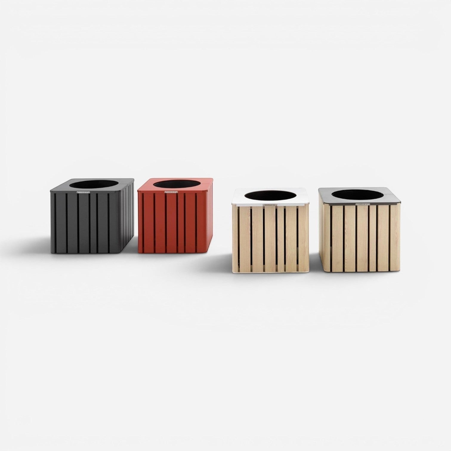 Addo Shop h24 planter in black, red, white, and natural wood finishes. Square outdoor planters with slatted sides.