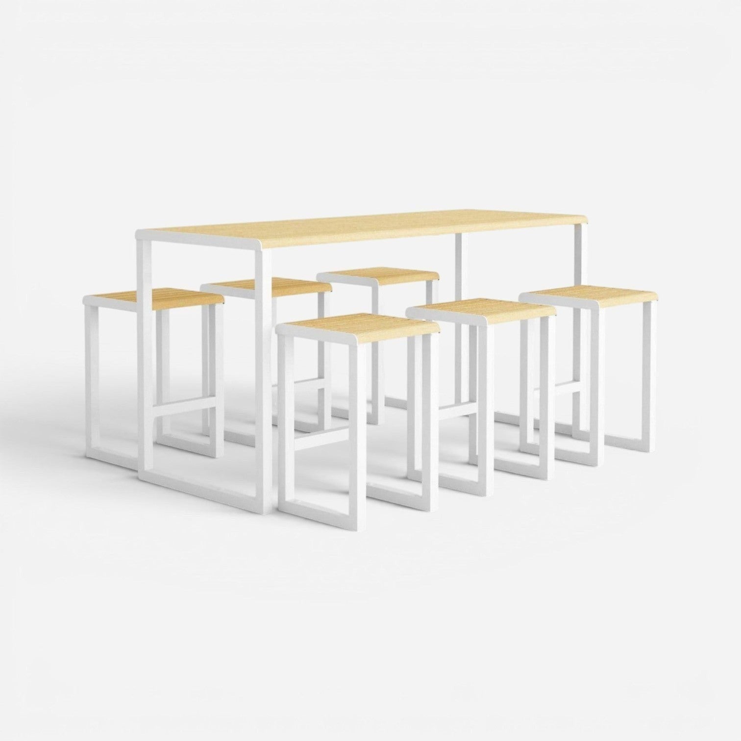 Addo Shop H24 stool with white steel frame and natural wood seat, suitable for outdoor use.