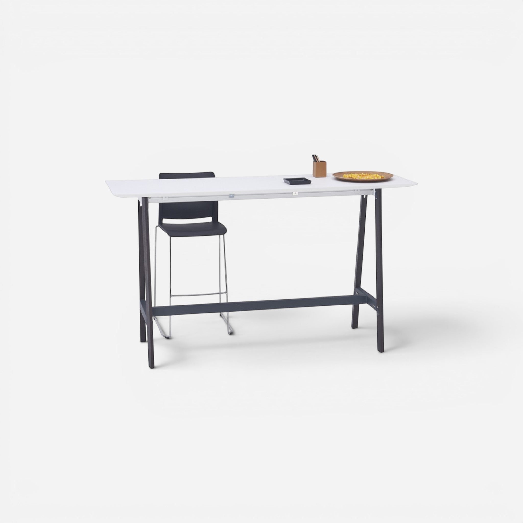 Addo Shop Hub W high table with white laminate top, dark metal legs, and a bag hook. Includes a stool.