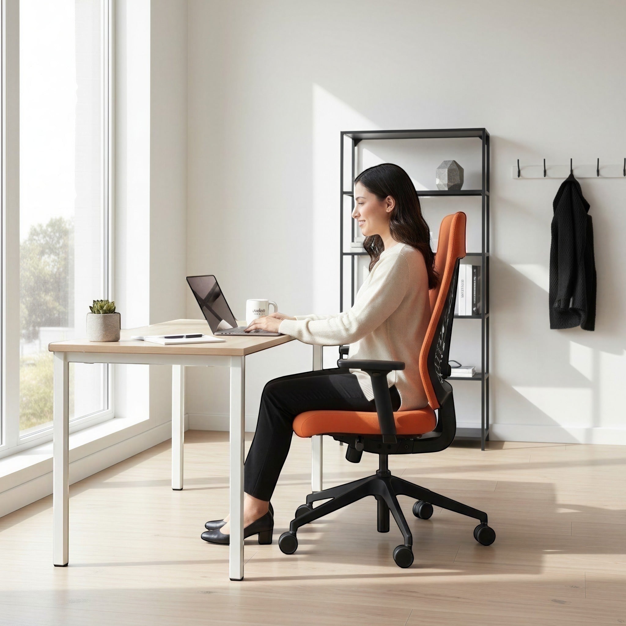 Addo Shop Joyce ergonomic office chair with orange mesh back and seat, black PP feet, and synchronized mechanism.