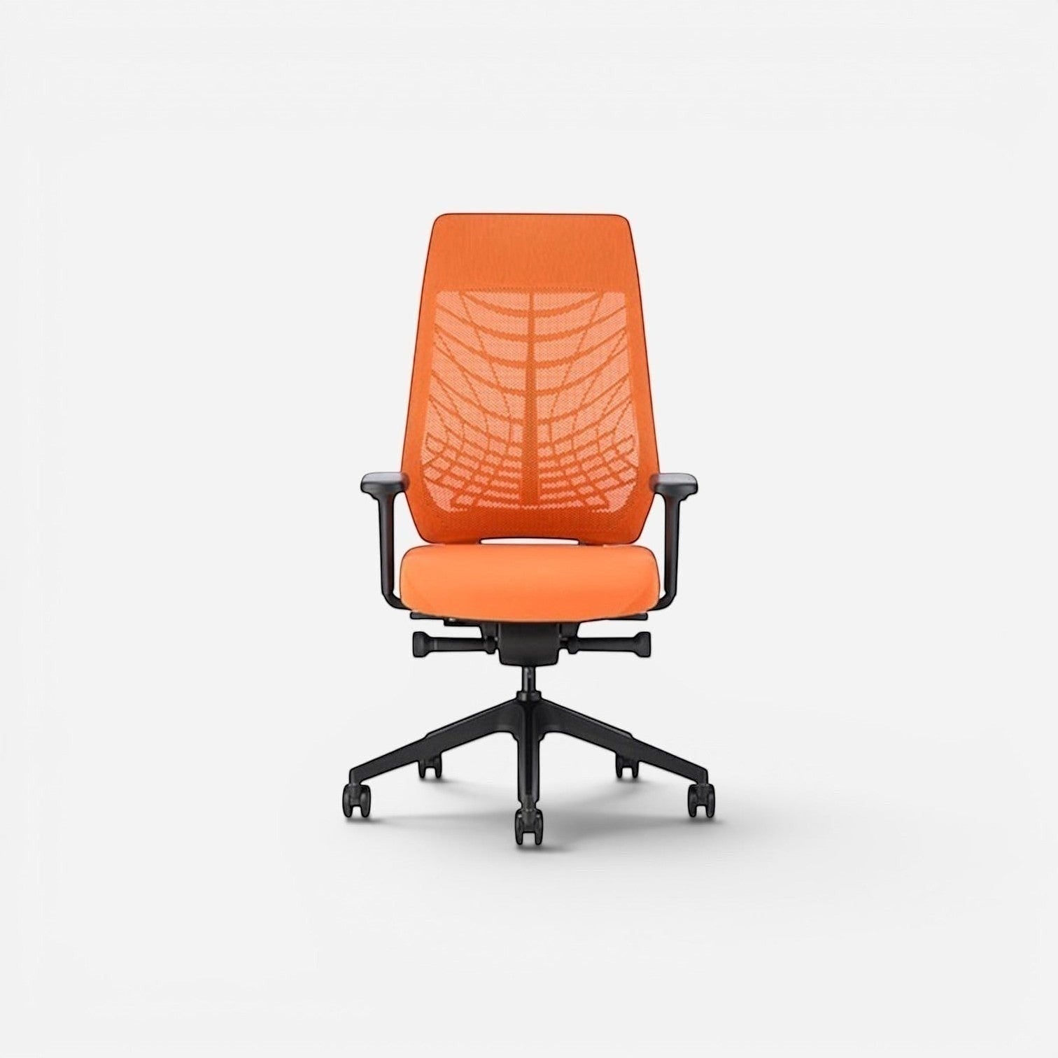 Addo Shop Joyce ergonomic office chair with orange mesh back and seat, black PP base, and synchronized mechanism.